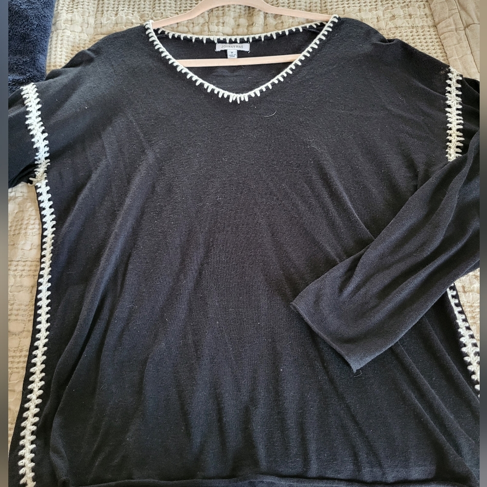 JOHNNY WAS Black V-Neck Sweater with White Trim